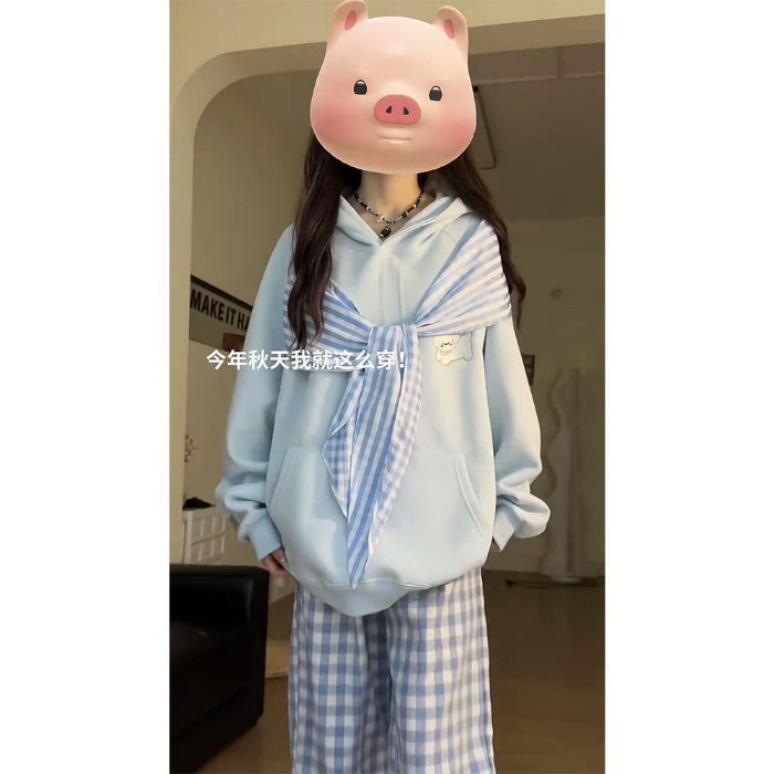 2025秋冬季设计感格子拼接格纹拉链外套韩系校园风宽松连帽女卫衣|undefined