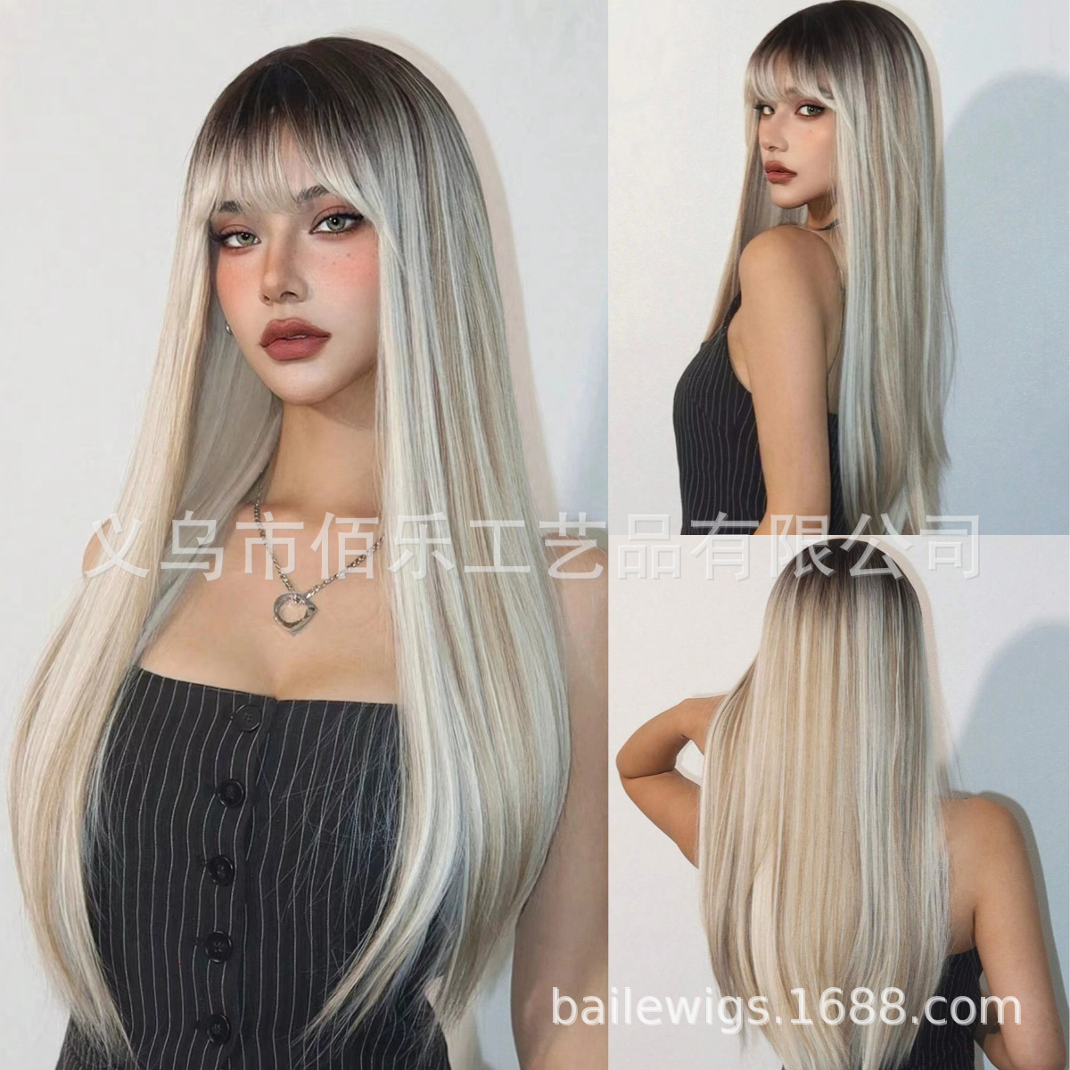 Ventas transfronterizas de pelucas platina dorada cubierta de cabeza completa teñida en la parte superior de la cepa larga cabello recto de alta temperatura wigs