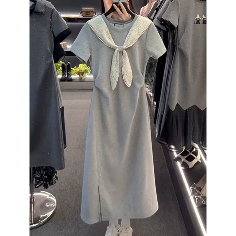 Летнее платье-миди для женщин, европейский стиль, с бантом на талии, утягивающее, с короткими рукавами и вставками из шали, новинка лета 2025 года