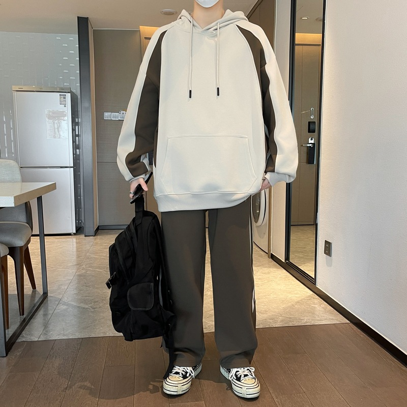 Suede suelta, juego de deportes casuales para hombres, primavera y otoño, nuevo estilo de moda con capuzas, pantalones rectos de moda juvenil, dos piezas