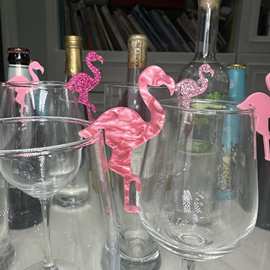 火烈鸟饮料标签红酒香槟挂饰派对饮料标签新娘礼品亚克力鸟酒签