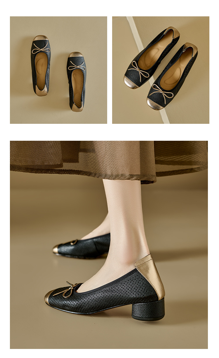 Sandal nữ da cừu miệng nông đục lỗ gót thô thấp phong cách Xiaoxiangfeng — Màu nâu chi tiết 15