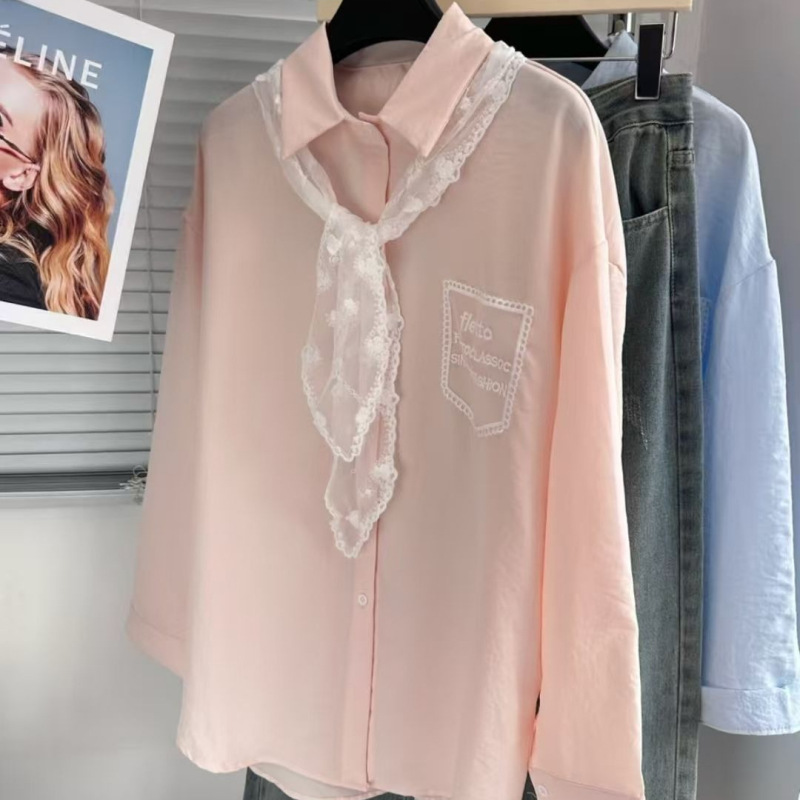 Lace Tie Sweet Pink Long Sleeve Shirt Women's 2025 Spring New Fresh Fashion Design Sense Shirt Cardigan