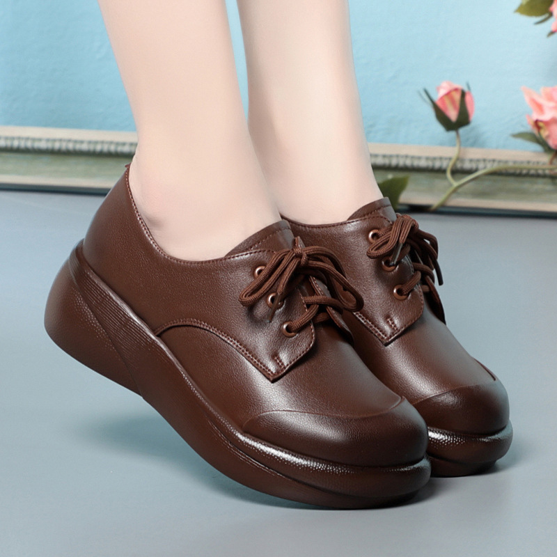 Spring New Style Wedge-Heeled Genuine Leather Women's Casual Lace-Up Round-Toe Soft-Soled Loafers Thick-Soled Mom Shoes Spring New Style Wedge-Heeled Genuine Leather Women's Casual Lace-Up Round-Toe Soft-Soled Loafers Thick-Soled Mom Shoes
