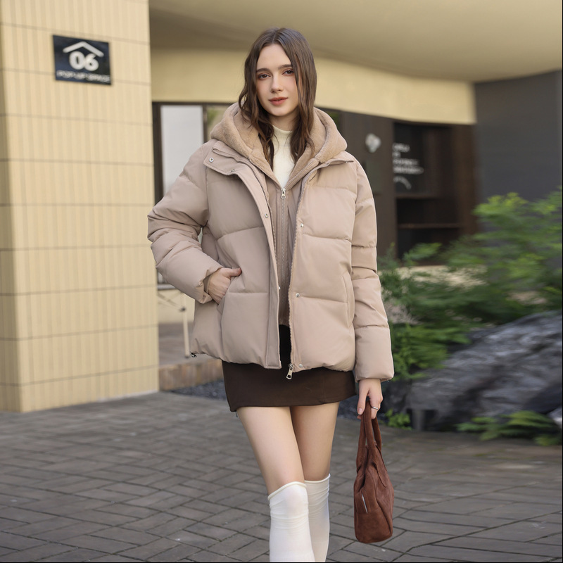 跨境2025冬季新款女假两件拼接毛绒连帽棉衣棉服时尚百搭潮流外套|undefined