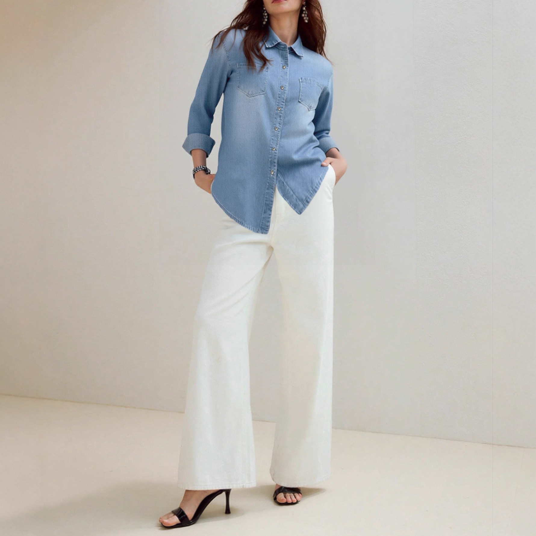 "Classic Denim Shirt Jacket For Women – Casual Button-Up Overshirt With Polo Collar_mkmklike.com