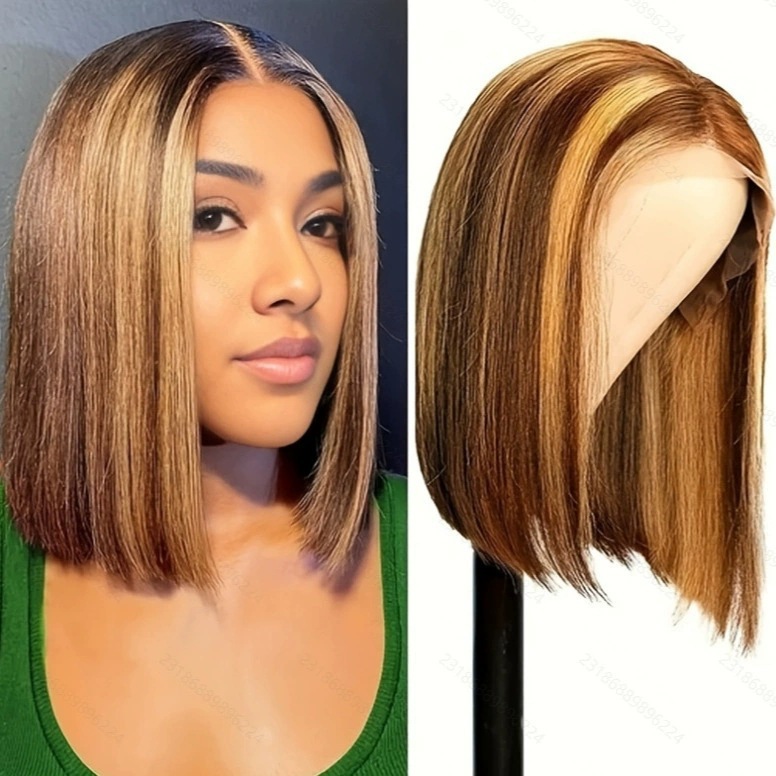 European American Style Short Straight Bob Synthetic Fiber Wig Full Head Center Parting Clip-in Hairpiece_voghion.com