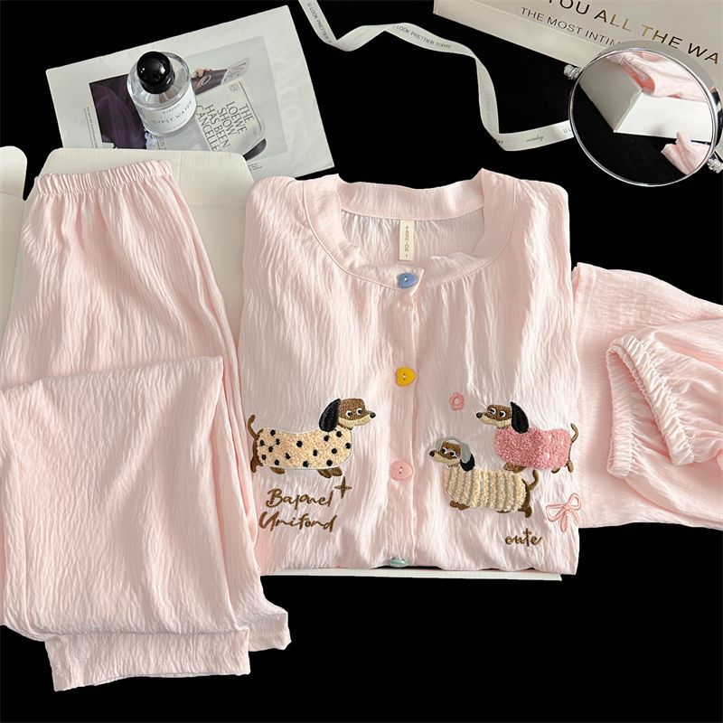 Pijama de tres piezas para mujer verano con almohadilla para el pecho Yunduo Red de algodón Transfronterizo cómodo traje de servicio a domicilio de estudiante de manga corta de dibujos animados