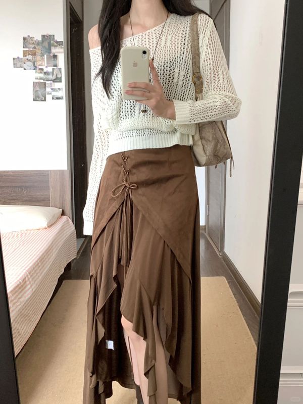 美拉德穿搭套装女早秋高级感针织罩衫不规则抽绳吊带连衣裙两件套|undefined