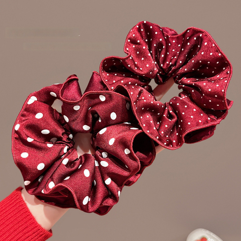 红色波点双层大肠发圈女气质扎低马尾发圈高弹力发圈皮筋头花发饰