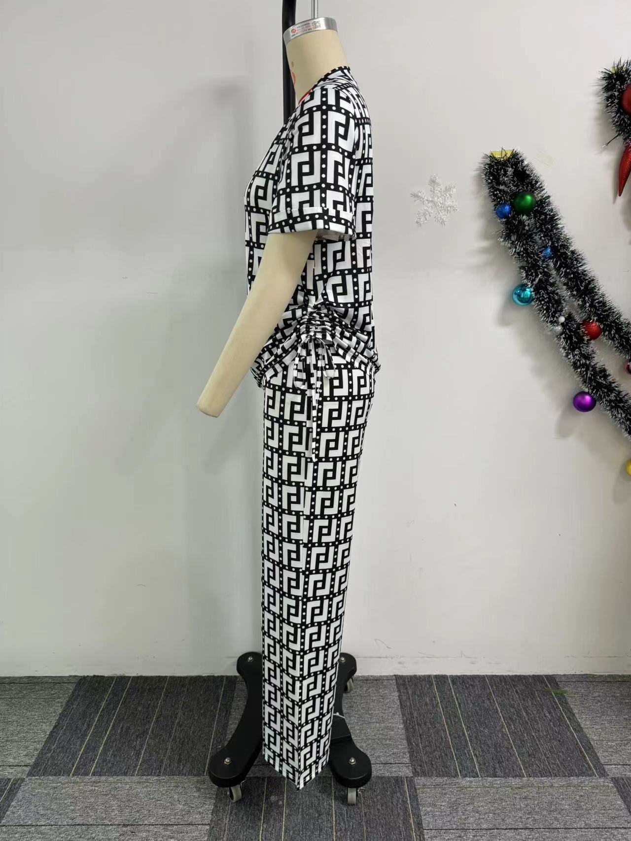 Women Printed V neck Pleating Wide Leg Pants Two Piece Set