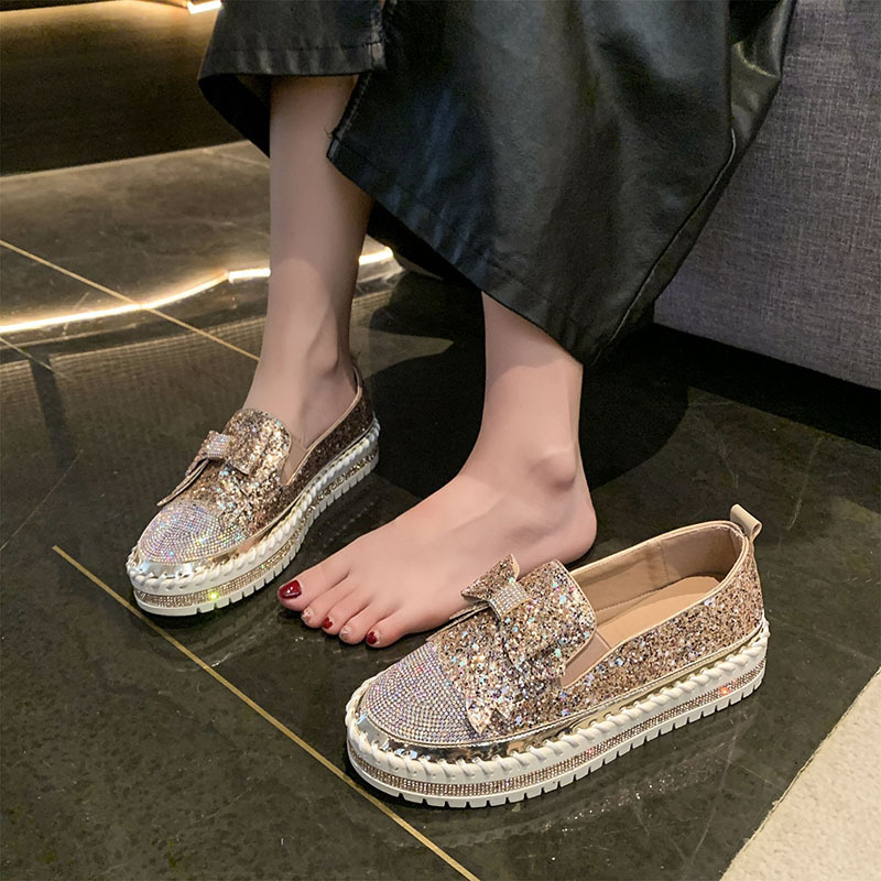Damenschuhe Strass Plateau Loafer flache dicke Sohlen Freizeitschuhe für Damen Frühling und Herbst neue Bowknot Glitzer Pailletten Einzelschuhe_voghion.com