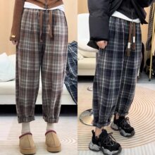 加绒加厚格子毛呢阔腿哈伦裤女2025春夏宽松休闲直筒老爹裤子