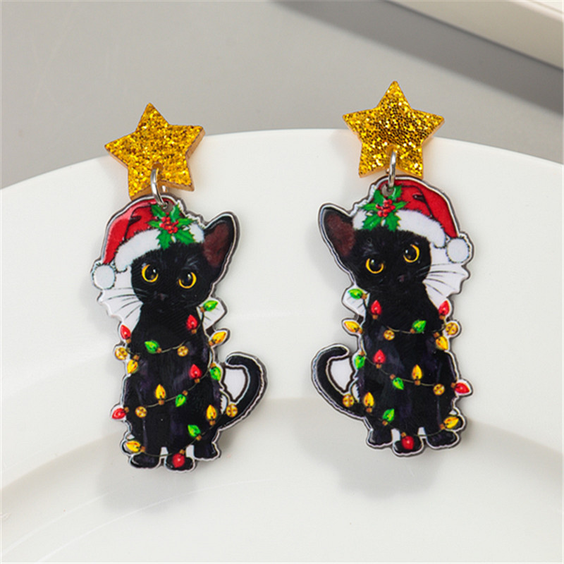 Aretes de gato cambiables de Navidad – acrílico, estilo adorable, campana, gato negro, Europa/América