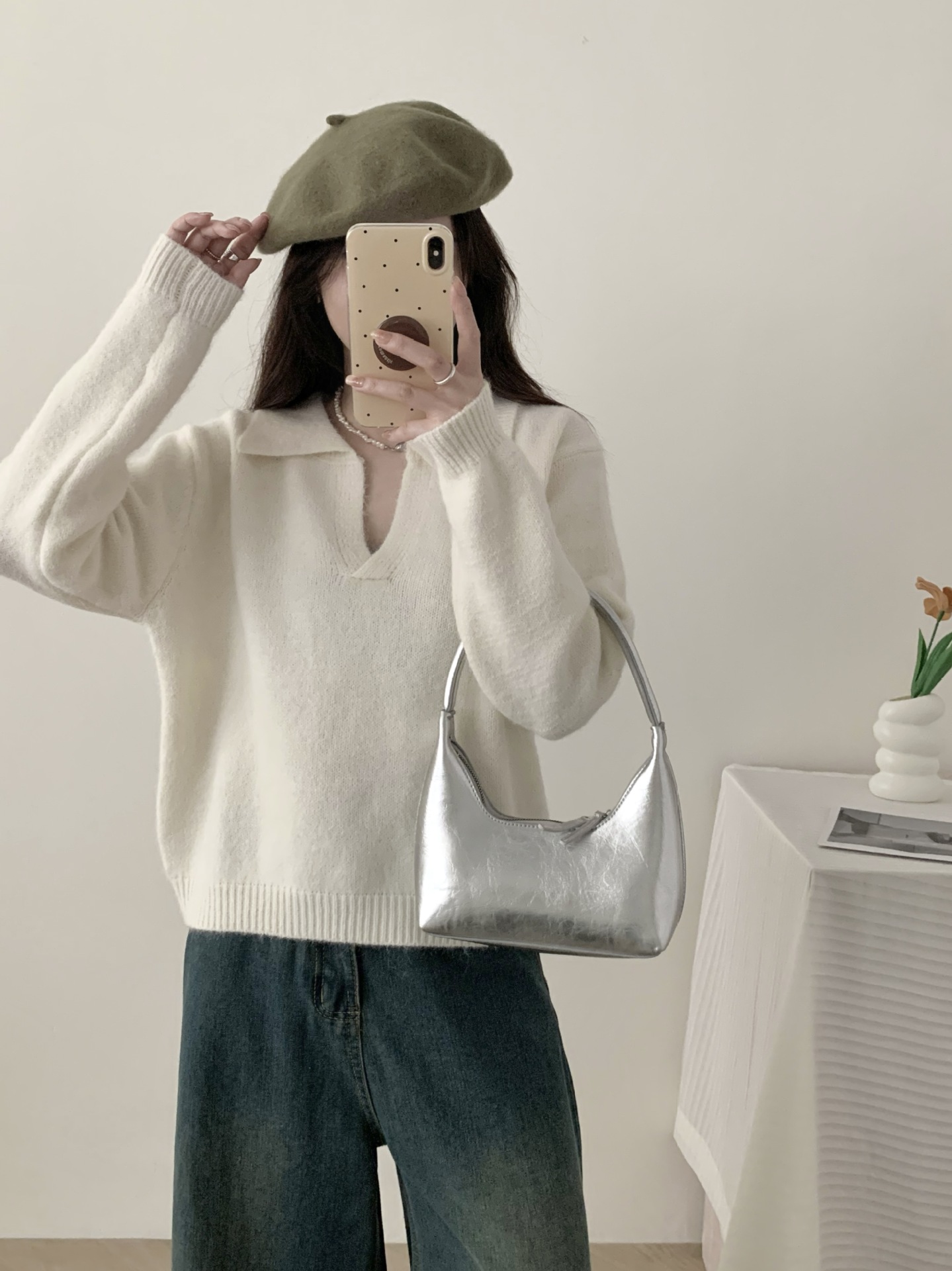24 invierno Puyuan coreano perezoso viento suelto camiseta de punto con solapa de otoño para mujeres polo