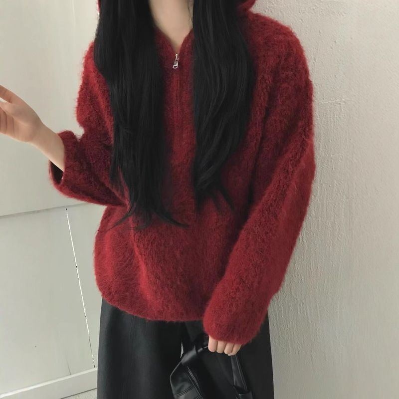 Korean Style Loop Yarn Hooded Sweater Women's Pullover Autumn and Winter New Loose Lazy Style Half-Zip Knitted Top Thickeneded