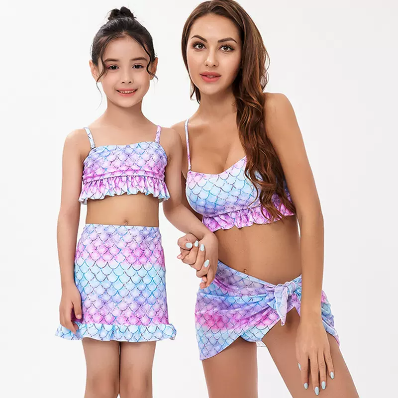 跨境欧美泳衣亲子美人鱼鳞片印花三件套外贸比基尼中小童母女泳装