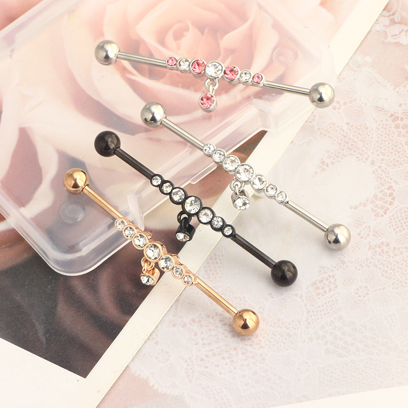 14G Industrial Barbell Earring Star Piercing Jewelry Rose Gold White Crystal detail image 12