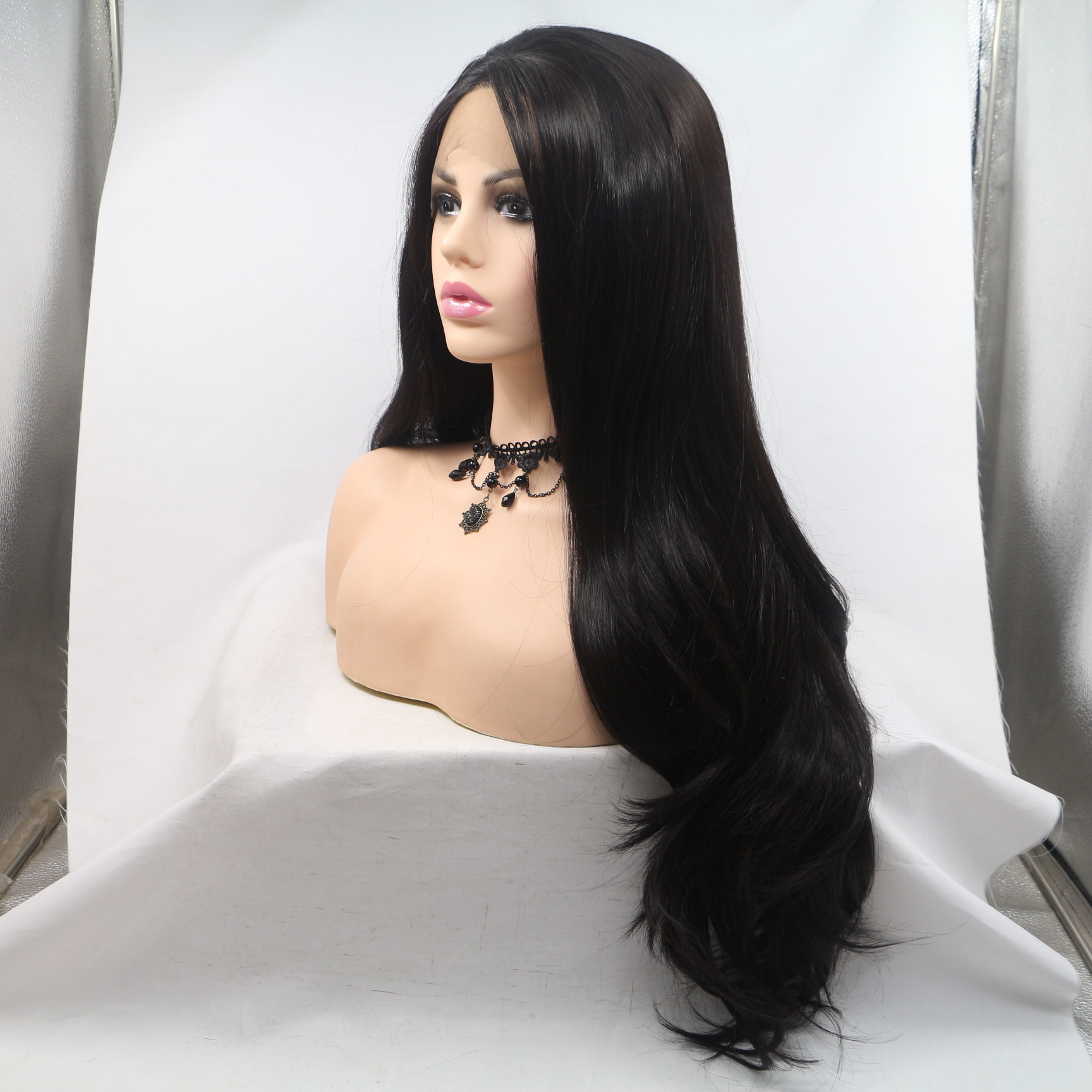 Pelucas negras de fibra química de encaje largo rizado transfronterizo Lace Front Wigs