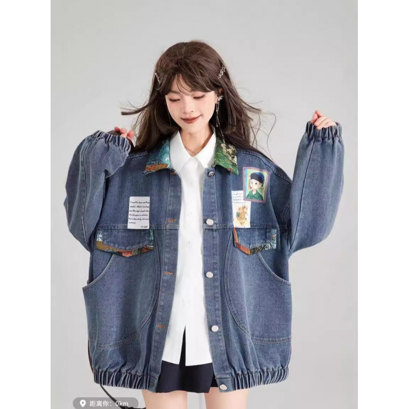 レトロデニムジャケット女性のための 2024 春と秋フレンチアートジャカードリボン装飾ルーズジャケットトップトレンディ|undefined