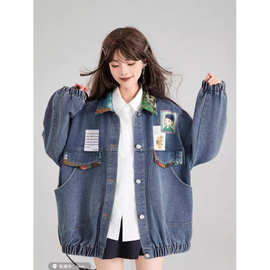 复古牛仔外套女2024春秋季法式文艺提花蝴蝶结饰宽松夹克上衣潮