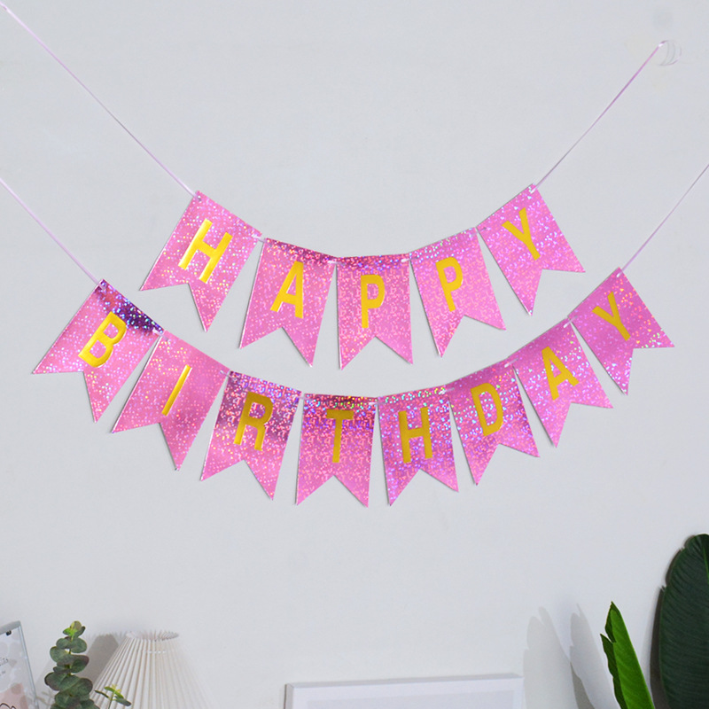 Papel de cumpleaños inglés dorado superficie brillante cola de pez tire bandera Feliz cumpleaños carta colorida bandera accesorios de decoración de fiesta