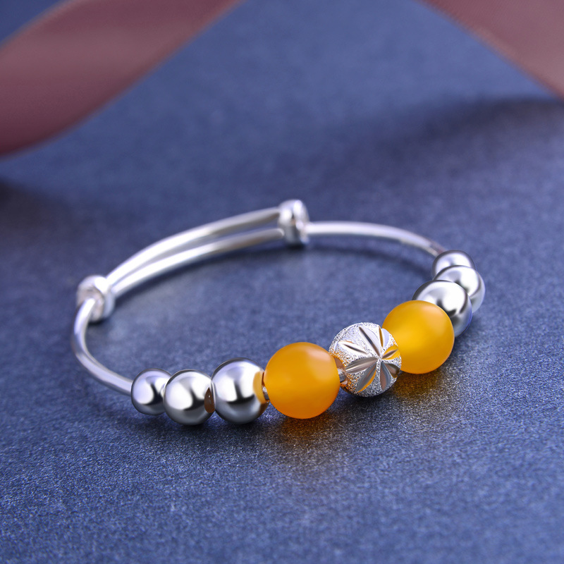 S990 plata pura con cuentas amarillo Calcedonia bebé pulsera de plata esterlina niños y niñas bebé Luna Llena pulsera de plata Anillo de pie joyería