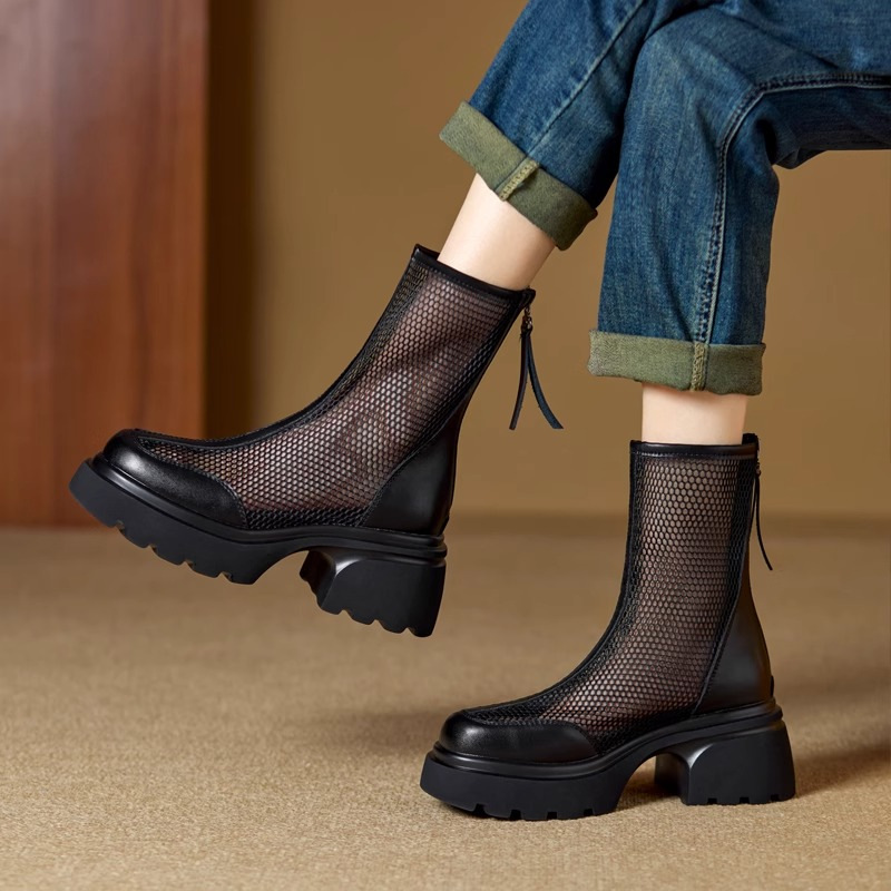 Boots Summer Thin Women's 2025 New Style Cut Out Breathable Mesh British Style Black Mesh Thick Sole Thick Heel