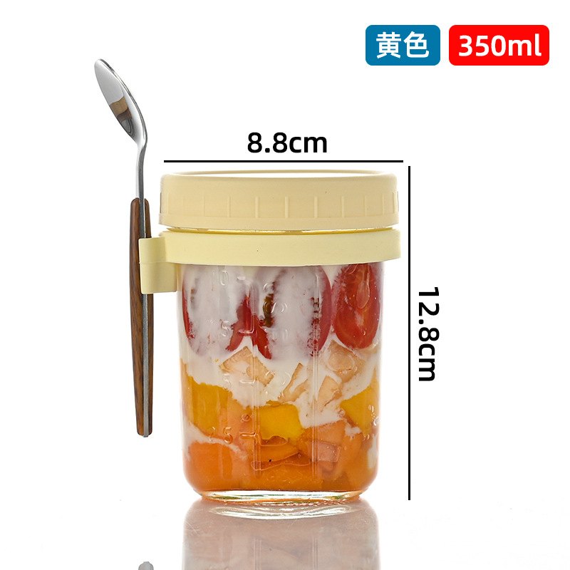 Taza de avena portátil durante la noche al por mayor taza de agua con cuchara con cubierta taza de desayuno taza de ensalada de vidrio taza de yogur