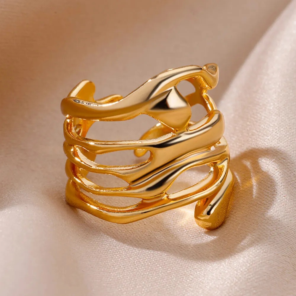 European Alloy Geometric Irregular Wave Ring Adjustable Band_voghion.com