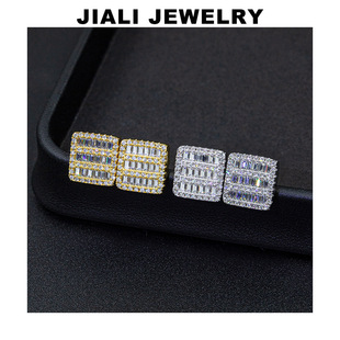 Factory Direct Sales 925 Sterling Silver Moissanite French Fashion Square Earrings Gold-Plated Full of Diamonds European and American Hip-Hop Earrings