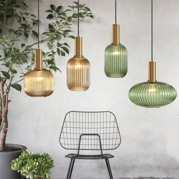 Lámpara colgante nórdica para bar y restaurante, lámpara de noche minimalista, linterna creativa a rayas, lámpara colgante pequeña de cristal retro japonesa de una sola cabeza