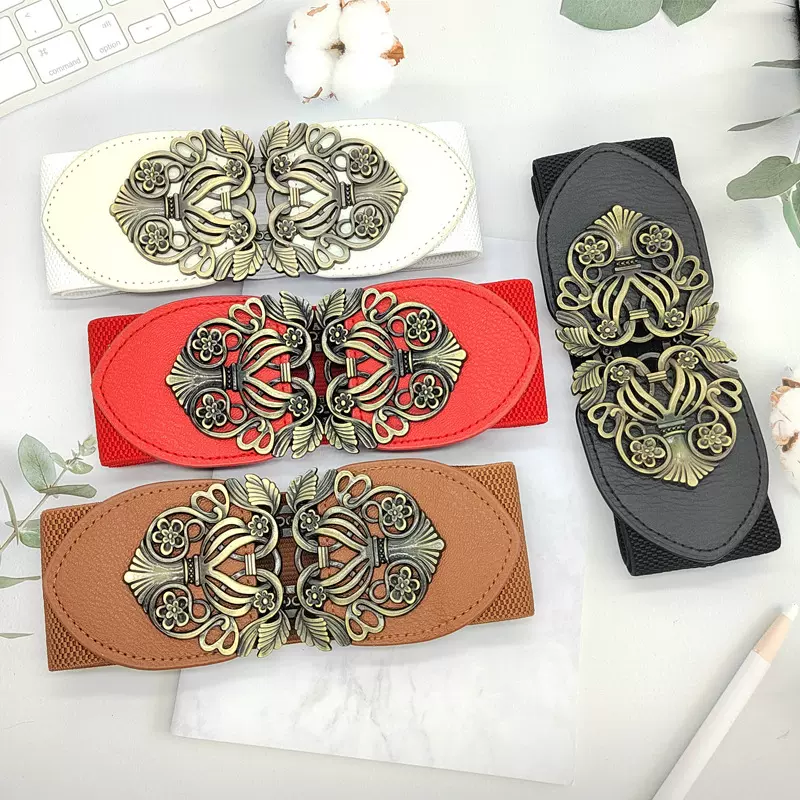 韩版复古宫廷雕花对扣松紧皮带时尚女士塑腰腰带四色可选PU皮腰封