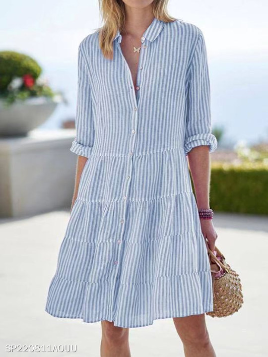 Women's Clothing Long Sleeved Striped Shirt Dress Autumn American Style Thin Summer Dress Suitable_ecoleips.com