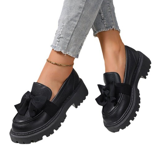 Women's Uncommon Black Loafers with Bow Ties, Thick Sole, Small Leather Shoes, Retro Single Shoes (Size 35-42)