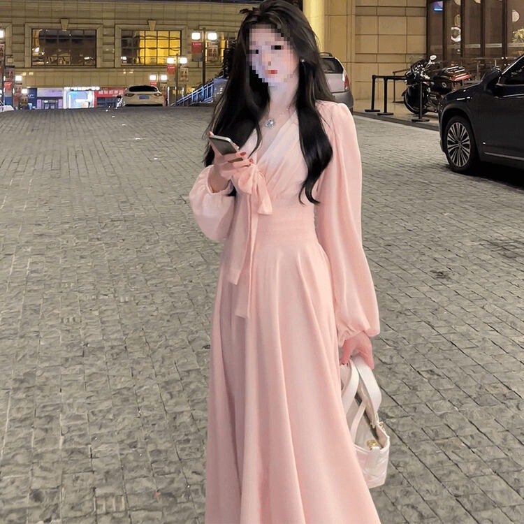 French Sweet and Gentle Collar Lace-Up Long-Sleeved Dress for Women Spring and Autumn New Style Holiday Long Dress