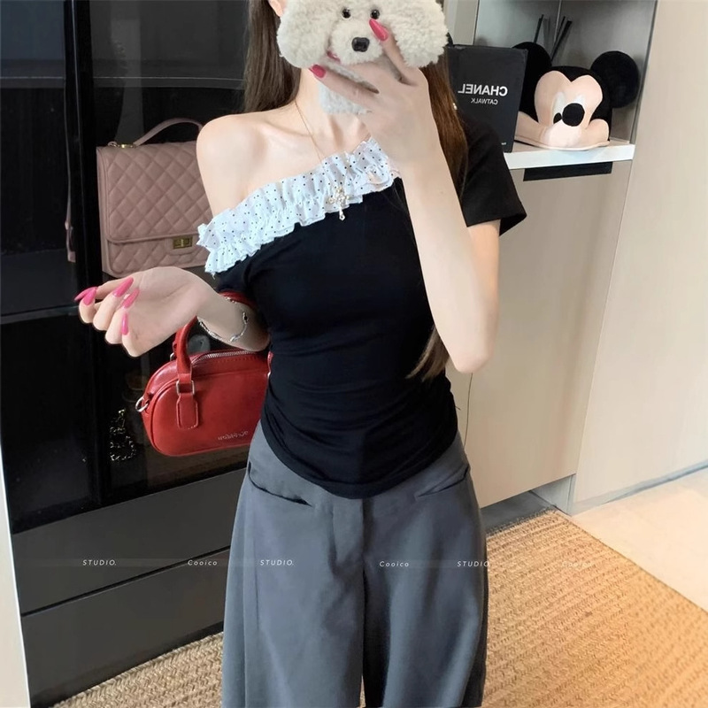 French Design Multi-Layered Lace Slant Collar Short-Sleeved T-Shirt for Women in Summer Niche Chic Slimming Look Off-Shoulder Top