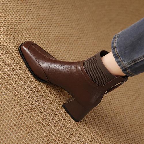 Brown Retro Fashion Thick Heel Square Toe Women's Winter Spring Knit Wool Boot Fashion Slim Boot