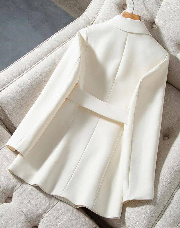 Áo blazer nữ dáng eo dài vừa, tay dài, đệm vai, cổ vest, phong cách thanh lịch — Màu trắng nhạt, màu đen, trắng, Bông mùa đông màu trắng nhạt chi tiết 5