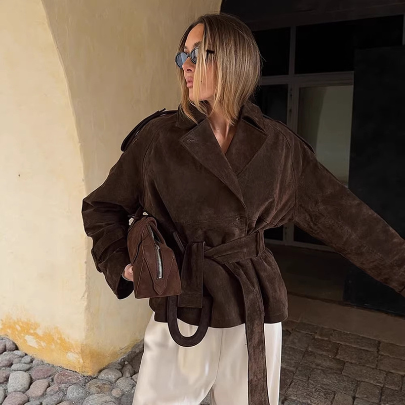 Cross-Border 2025 Autumn Retro Brown Lace-Up Suede Jacket Elegant Women's Lapel Long-Sleeve Trench Coat Cross-Border 2025 Autumn Retro Brown Lace-Up Suede Jacket Elegant Women's Lapel Long-Sleeve Trench Coat