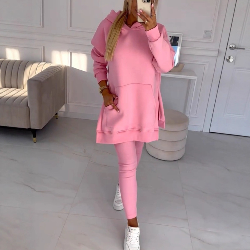 Cross-Border Women's Clothing 2026 Amazon European and American Sports Casual Hooded Sweatshirt Thickened Ribbed Leggings Two-Piece Set Cross-Border Women's Clothing 2026 Amazon European and American Sports Casual Hooded Sweatshirt Thickened Ribbed Leggings Two-Piece Set