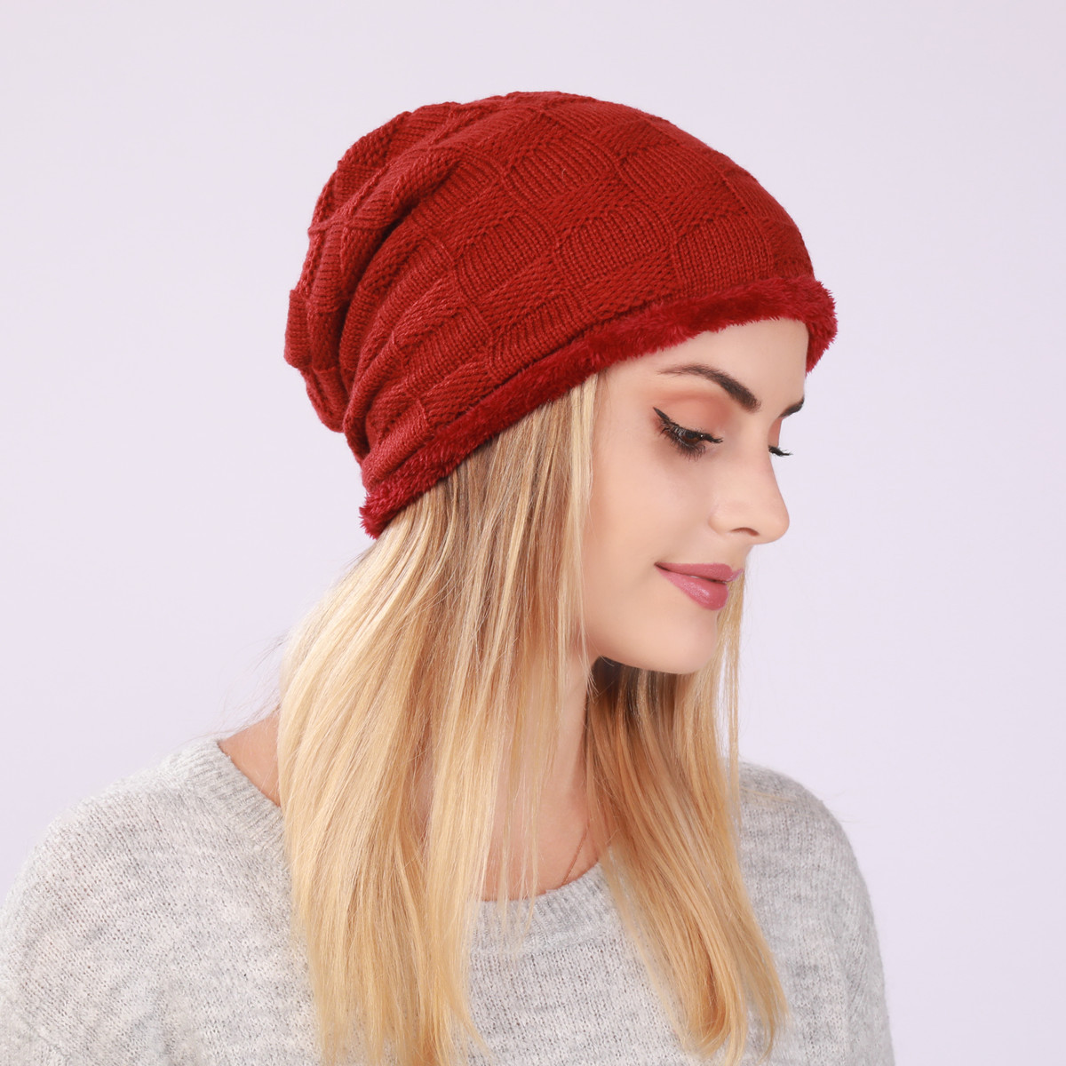 Plissee-Plüsch-Männer-Damen-Pullover-Mützen, gestrickte karierte postpartale Ohrenschützer für Herbst und Winter, warm_voghion.com