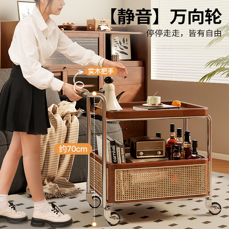 Mesa lateral móvil, carrito pequeño, sofá de sala de estar, mesa de centro, nuevo estilo antiguo, estante de almacenamiento de cocina de madera maciza, vagón comedor