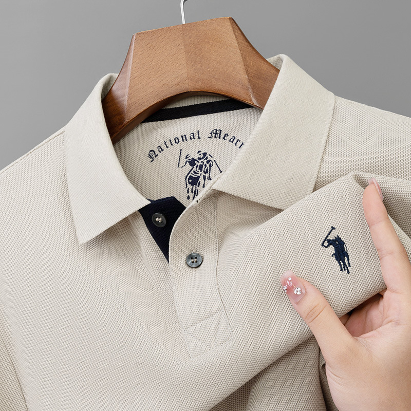 100% Mercerized Cotton Long-Sleeve Pure Cotton Men's Polo Shirt, Middle-Aged Business Casual Embroidered Horse Logo Turn-Down Collar Base Layer Polo