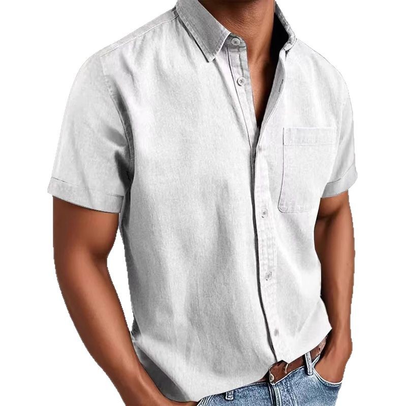 New 2022 Summer Street Style Shirt, Solid Color Washed Cardigan Short Sleeve Fashion Urban Turn-down Collar Men's Shirt_voghion.com