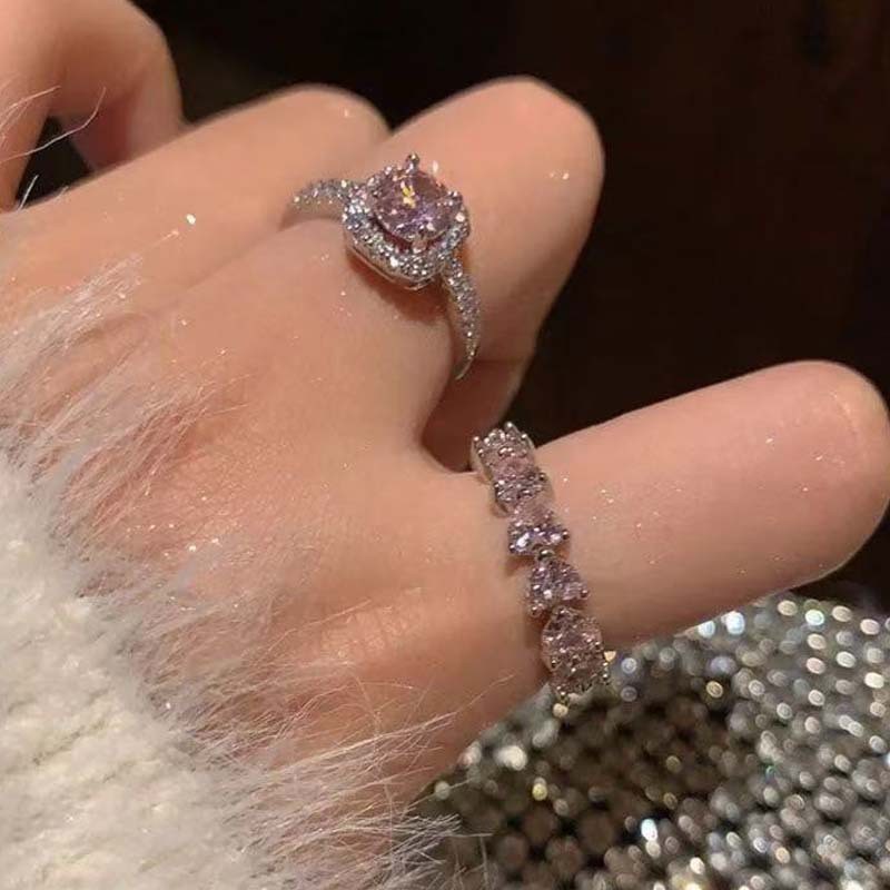 Super Shiny Pink Ring ~ Zircon Inlaid with Diamonds, High-End Light Luxury Open Index Finger Ring with Diamond Heart Stacked Ring for Women