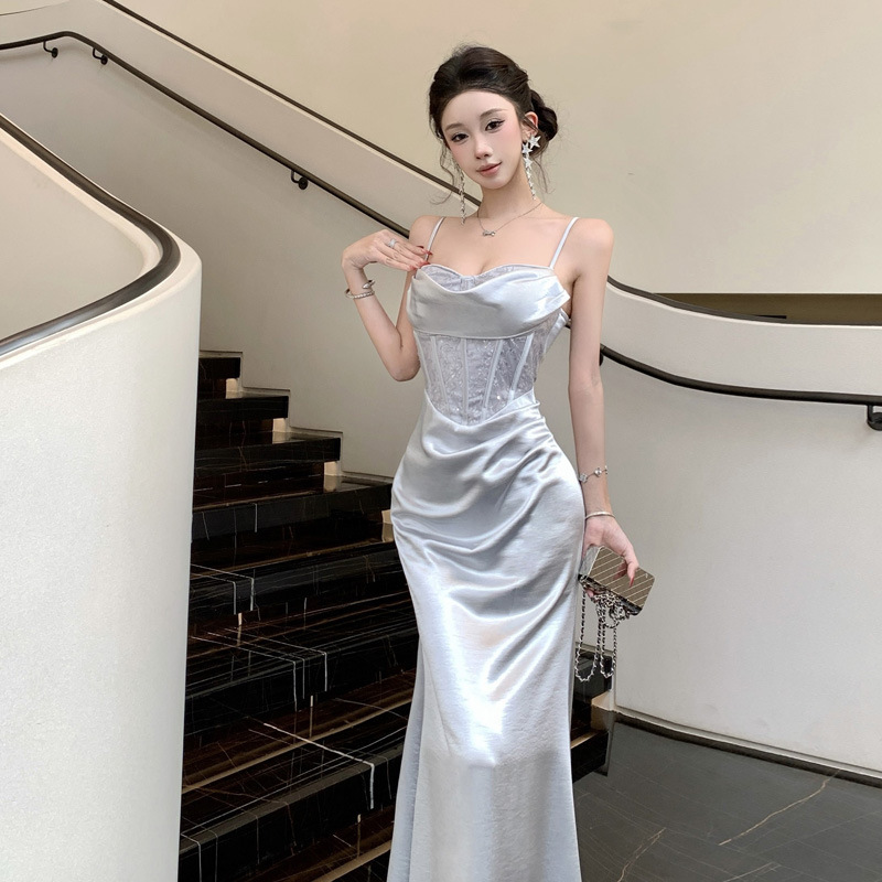 Hot Girl's Slim-Fitting Sexy Spaghetti Strap Lace Patchwork Irregular Long Evening Dress