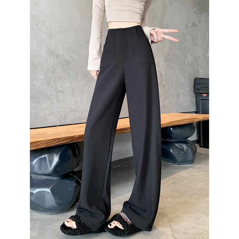 Pantalones de traje negros de alto nivel de primavera y otoño para mujeres 2025 nuevos pantalones casuales de cintura alta y caída de tela estrecha de pierna ancha recta