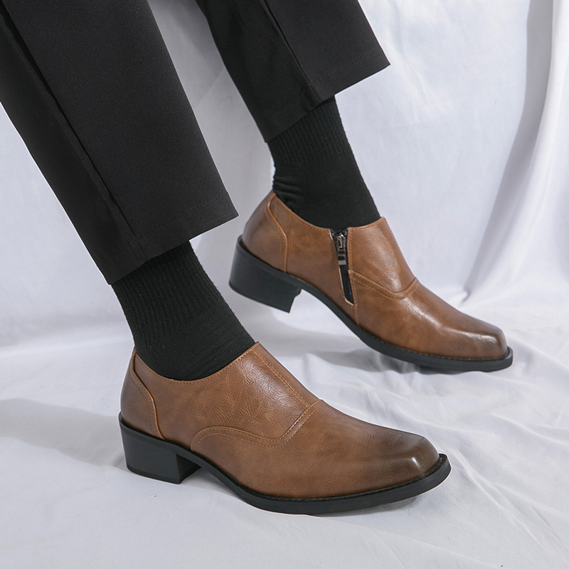 plus size 46 High Heeled Square-toe Leather Shoes Men's British Casual Side Zipper Exterior Height-increasing Stylist Wedding Banquet Loafers