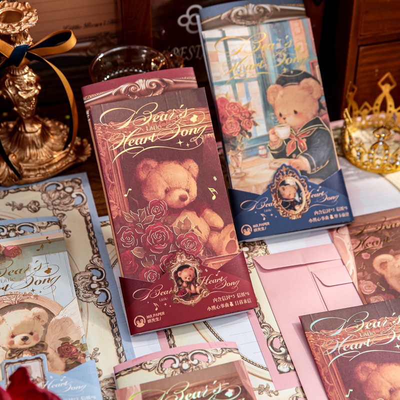 Carta de primera vida en papel Juego de sobres de papel Corazón de oso Serie de música Ilustración linda Mensaje de estudiante Envío de sobres de papel de carta